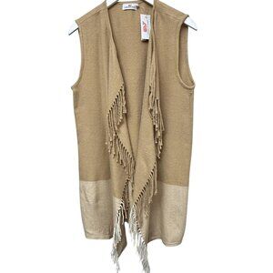 Vineyard Vines Open Front Fringe Vest Medium Camel Tan Wool Blend Western